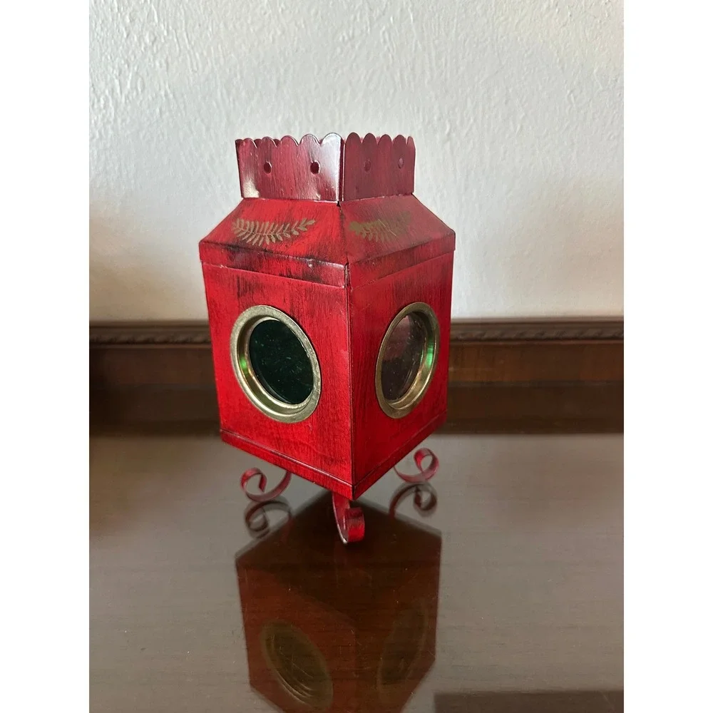 Vtg 9'' Red Metal Signal Lantern‎ Candle Holder Distressed Gold Leaf Hong Kong